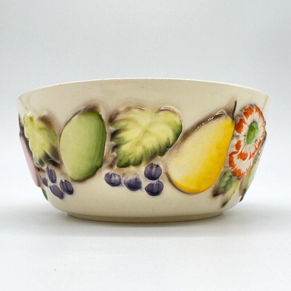 Vintage Cuernavaca Bowl Mexican Hand Painted Embossed Flowers And Fruits Ceramic - Picture 5 of 11